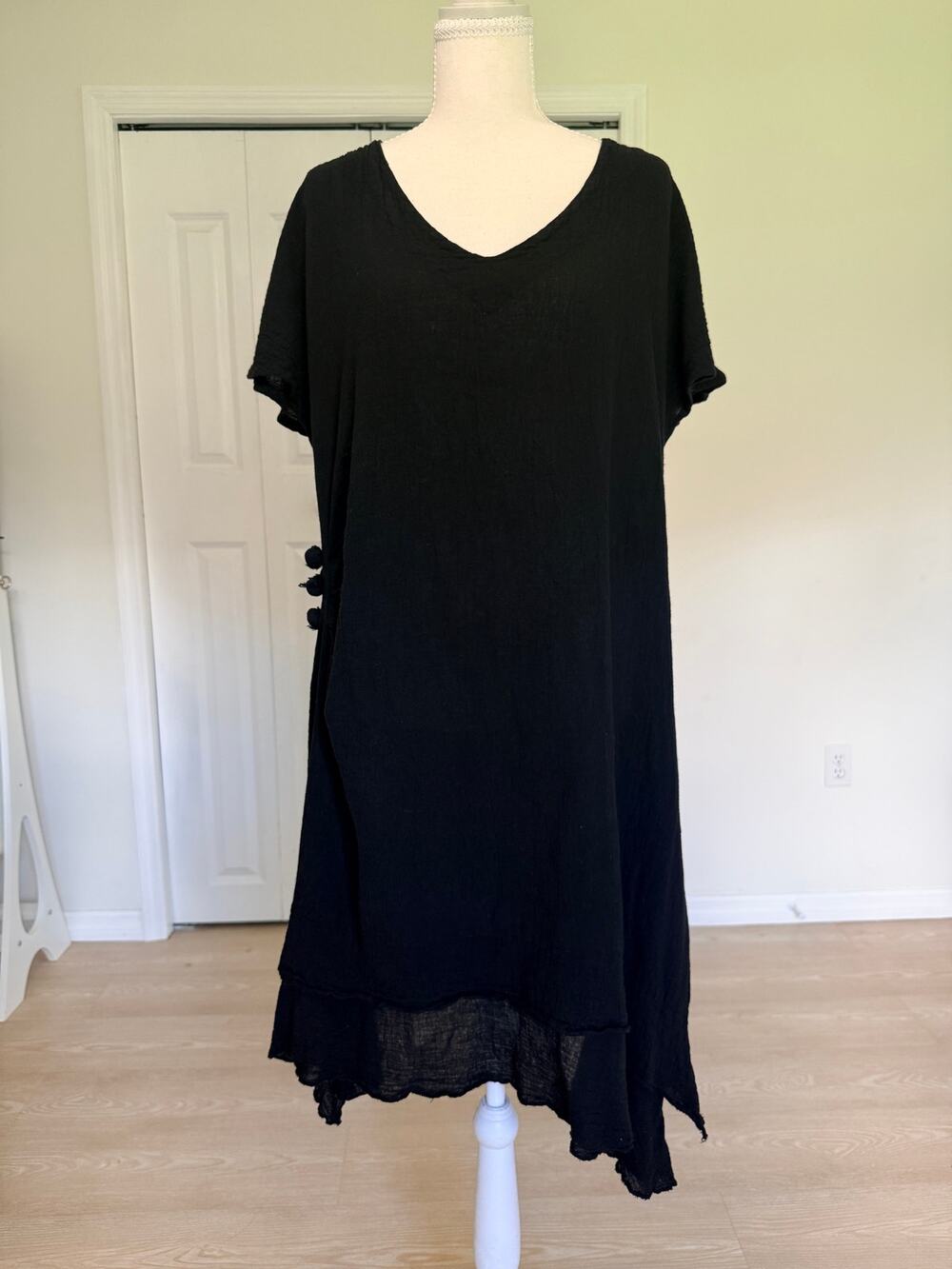 Cottonways Black Gauze Dress Size 2 Fits L XL Boho Lagenlook Asymmetrical